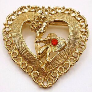 Vintage Beatrix Brooch Gold-Tone Heart-Shaped Cupid Red Rhinestone Accent Pin